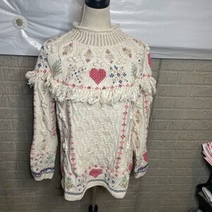 Vintage Style New York Handknit White Heart Fringe Multicolor Sweater Size Large